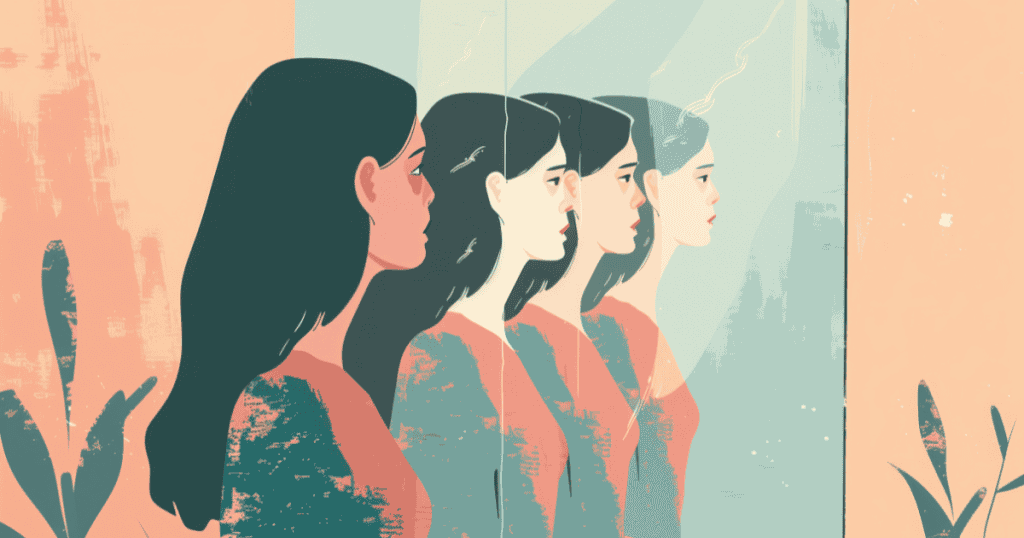 An artistic illustration shows a woman staring at a mirror that produces multiple fading reflections, symbolizing the fragmented nature of a mind searching for its true essence.