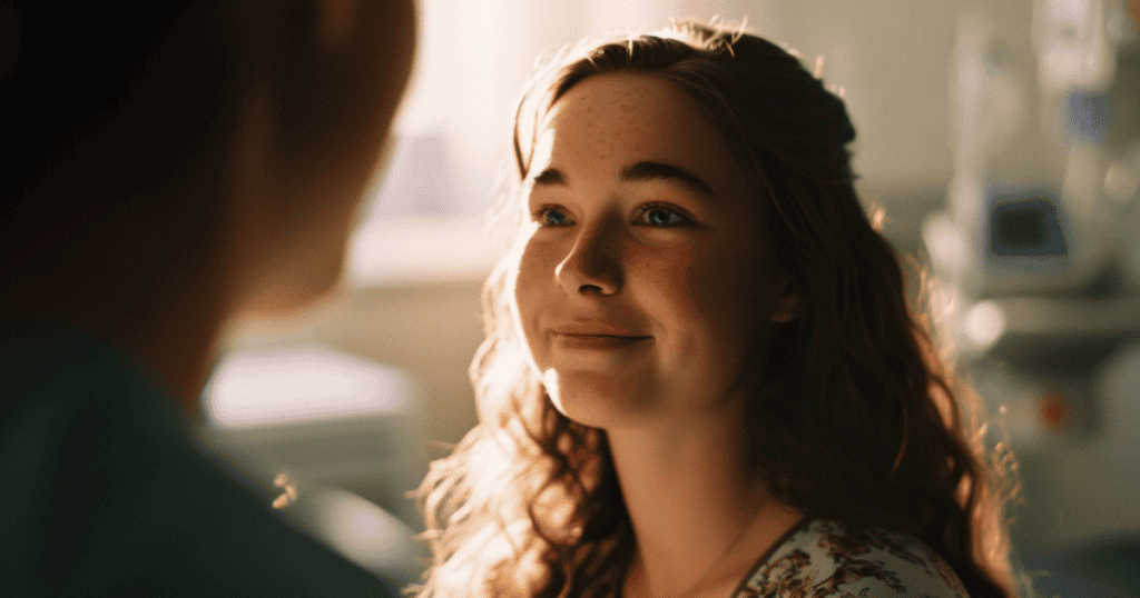 A girl smiling softly while looking at someone off-camera, hinting at how charm and warmth can suddenly appear as a calculated response