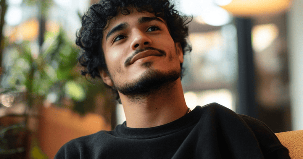 A young man with a faint, thoughtful smile looking upward in a softly lit space, hinting at how calm composure can quietly mask a strategic emotional shift