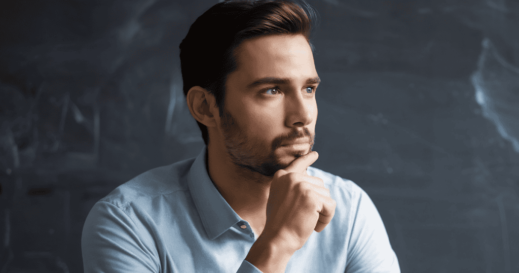 A thoughtful man resting his chin on his hand with a distant gaze, reflecting the moment they start recalculating when they sense your resolve