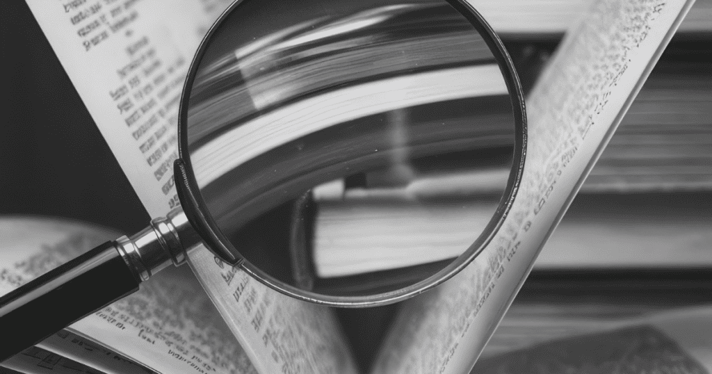A magnifying glass hovers over the blurred pages of an open book, reflecting the intense search for definitive proof.