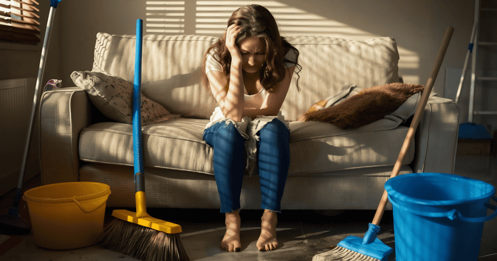 A woman sits dejectedly on a sofa surrounded by brooms and buckets, clearly feeling the heavy burden of an endless list of chores.