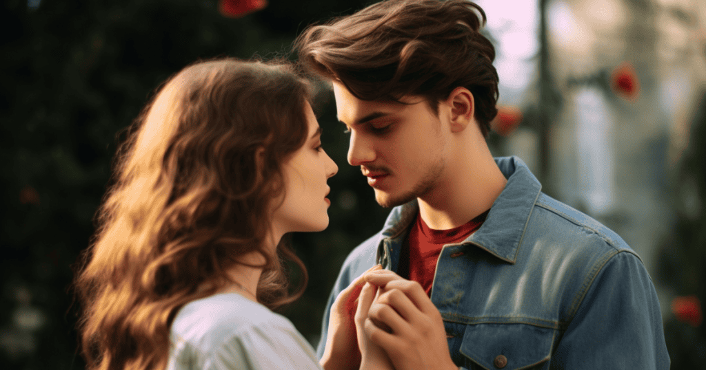 A couple stands close with their foreheads touching and hands joined, portraying an outward display of devotion that may mask deeper complexities.