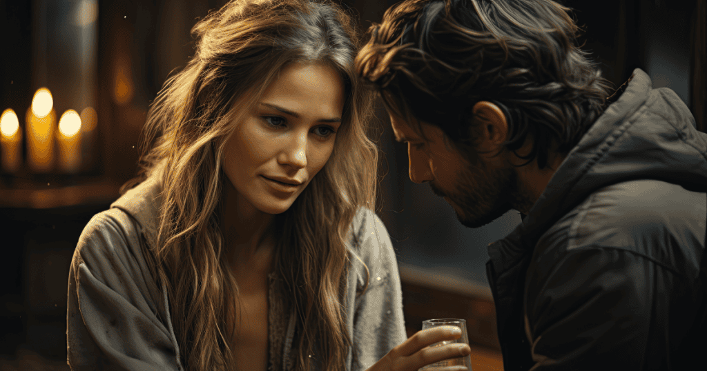 A woman looks at a man with an expression of deep exhaustion and doubt during an intimate conversation, embodying the internal weight of persistent uncertainty.
