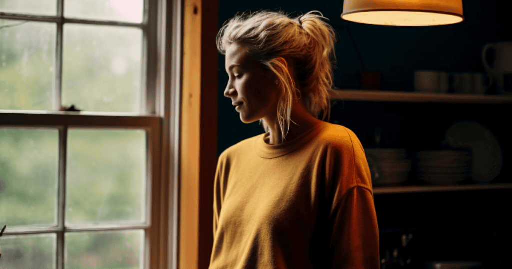 Woman in yellow sweater looking out window, reflecting on emotional awareness.