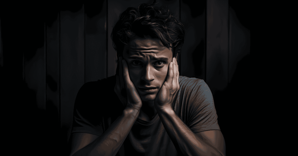 A distressed man holding his face in the dark, capturing the internal weight that comes with fully seeing what you once tried to ignore