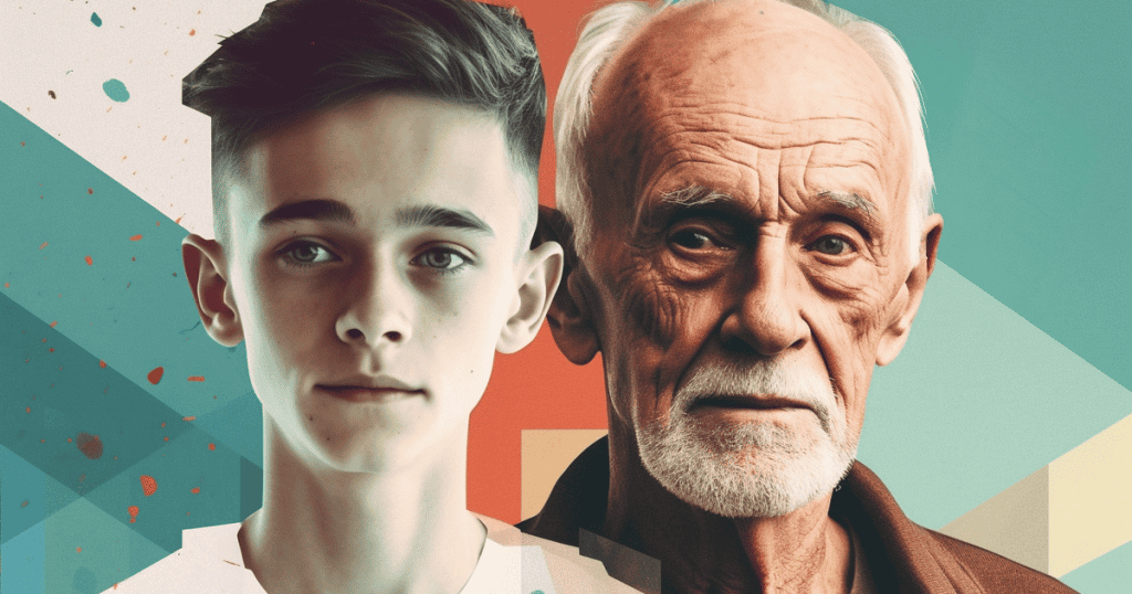 A split portrait shows a youth beside an aging man, illustrating how personality traits can calcify into something more difficult over the decades.