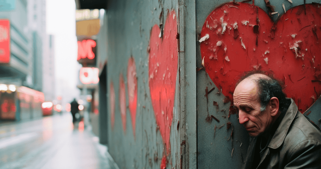 A withdrawn man stands beside worn, damaged heart imagery, reflecting the hidden fragility and overlooked emotional patterns of a vulnerable narcissist.