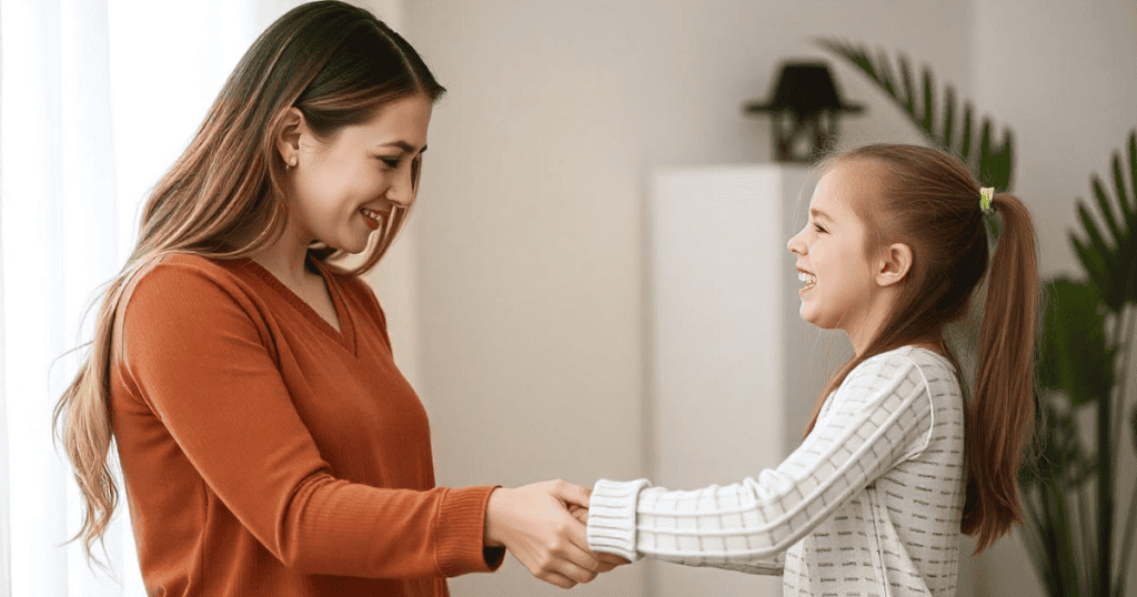 Mother and daughter smiling and holding hands, fostering healthy family relationships.
