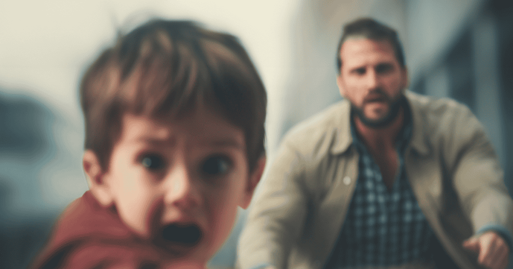 A blurred young child with an open mouth appears to be running away from a man in the background, depicting the urgent need for structure in a volatile domestic environment.