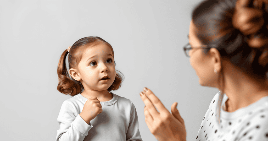 A young girl with pigtails looks up at an adult with a questioning expression, illustrating the moment a child learns to assert their own personal boundaries.