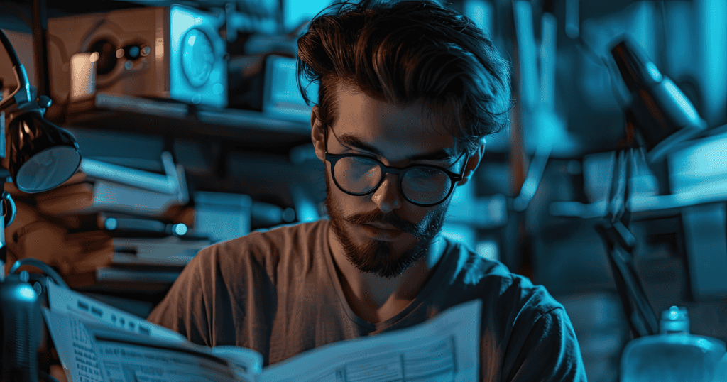 A man sits in a dimly lit, cluttered office intently reading a document, reflecting the calculated shift in behavior when social engagement is withdrawn.