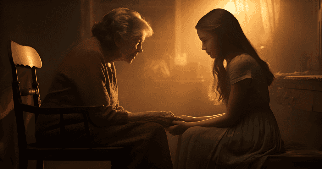 An elderly woman and a young girl hold hands in a dimly lit room, capturing a quiet exchange that reveals the underlying mechanics of influence.