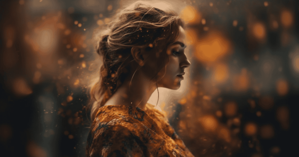 A woman stands in profile amidst shimmering golden light, representing an internal transformation that guards against future deception.