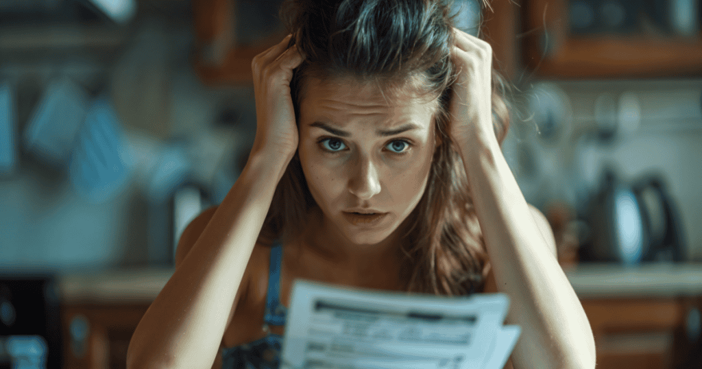 A woman looks into a mirror with a dazed, overwhelmed expression while clutching her hair, reflecting a slow descent into a state of perpetual confusion.