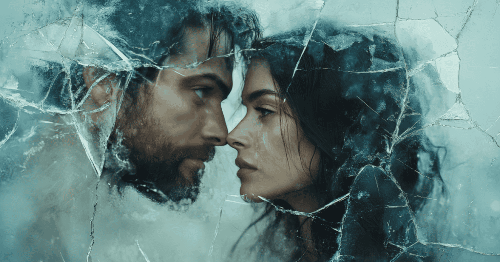 Two people face each other through cracked glass, symbolizing emotional entrapment and the internal struggle to break free from a narcissistic relationship.