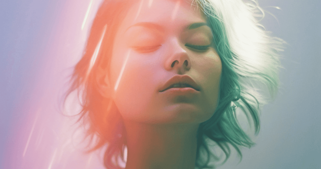 A woman tilts her head back with her eyes closed amidst soft, ethereal light leaks, finding a sense of internal peace that relies solely on her own boundaries.