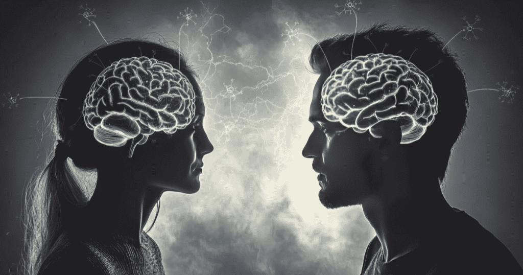 A black and white profile of a man and woman facing each other with illuminated brain overlays, highlighting a neural landscape dominated by the binary of external validation or perceived attack.