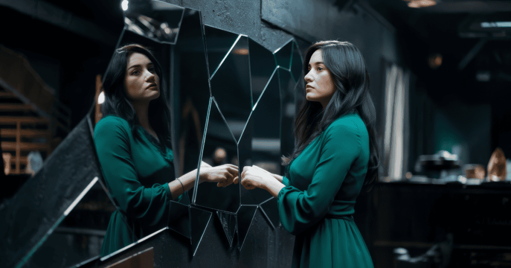 A woman gazes into a fractured mirror, her fragmented reflection suggesting a deeply split or deceptive sense of self.