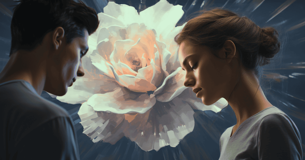 A man and woman stand in profile facing a large, glowing white rose, symbolizing the fragile bloom of a connection rooted in quiet submission.