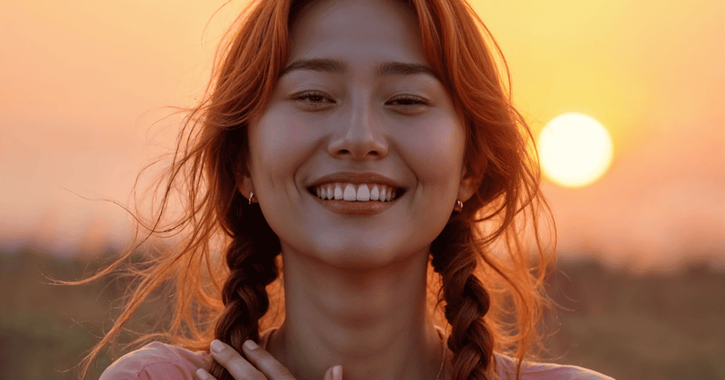 A woman with red braids smiles warmly against a golden sunset, capturing the quiet beginning of a personal internal shift.