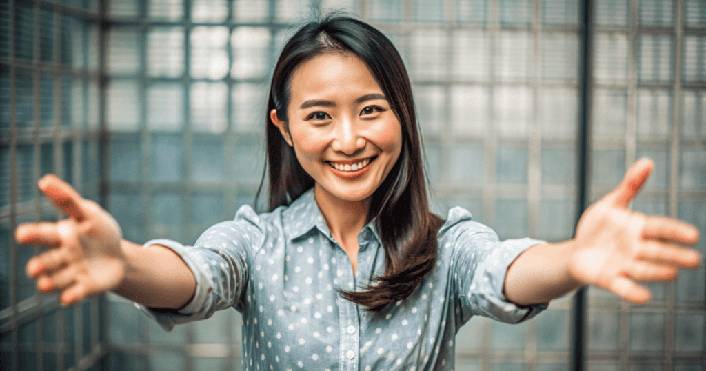 A woman extends her arms in a warm, wide-reaching embrace, signaling an open-hearted transition toward more supportive connections.