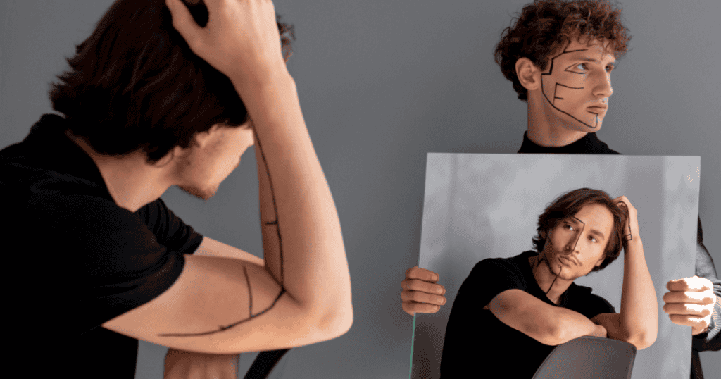 Men interact with mirrors and draw lines on their faces, highlighting a preoccupation with constructing and maintaining a specific external mask.