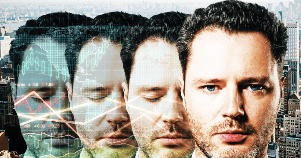 Multiple overlapping faces of a man are set against a complex data grid, showing the calculated and layered personas used to navigate a competitive world.