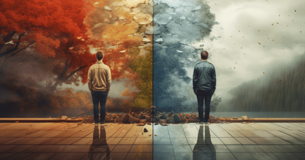 Two figures stand on opposite sides of a split landscape of autumn and winter, capturing the fundamental shift in internal environment and driving force.