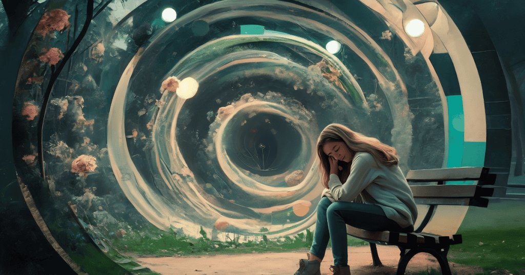 A young woman sits dejectedly on a park bench before a massive, swirling floral vortex, illustrating the overwhelming nature of an endless psychological loop.