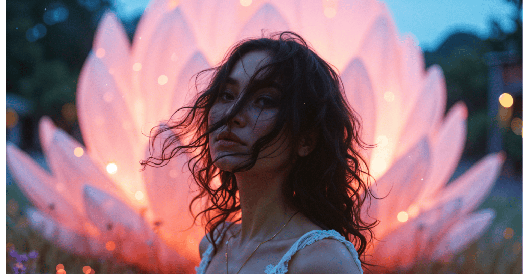 A woman stands before a large, glowing lotus structure with her hair blowing in the wind, marking a transition into a sudden, luminous clarity.
