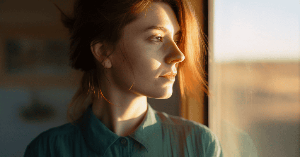 A woman gazes thoughtfully out of a window as soft light hits her face, marking a sudden, quiet clarity regarding her past experiences.
