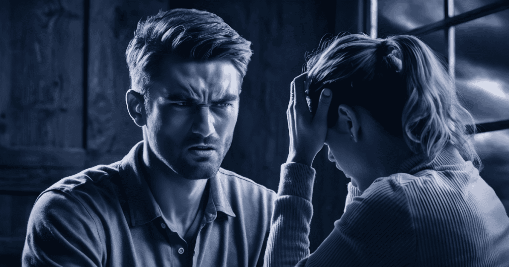 A man stares intensely at a distressed woman holding her head in a dimly lit room, capturing the heavy atmosphere of a relationship that consumes one's mental energy.