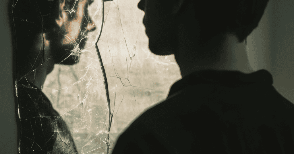 A silhouette of a person looks into a heavily cracked and shattered mirror, reflecting the fractured sense of self that remains after prolonged emotional strain.