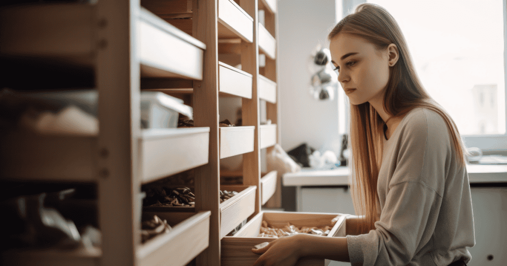 A young woman stares blankly into an open wooden drawer, her hollow expression revealing a person who has slowly become a stranger to her own life.
