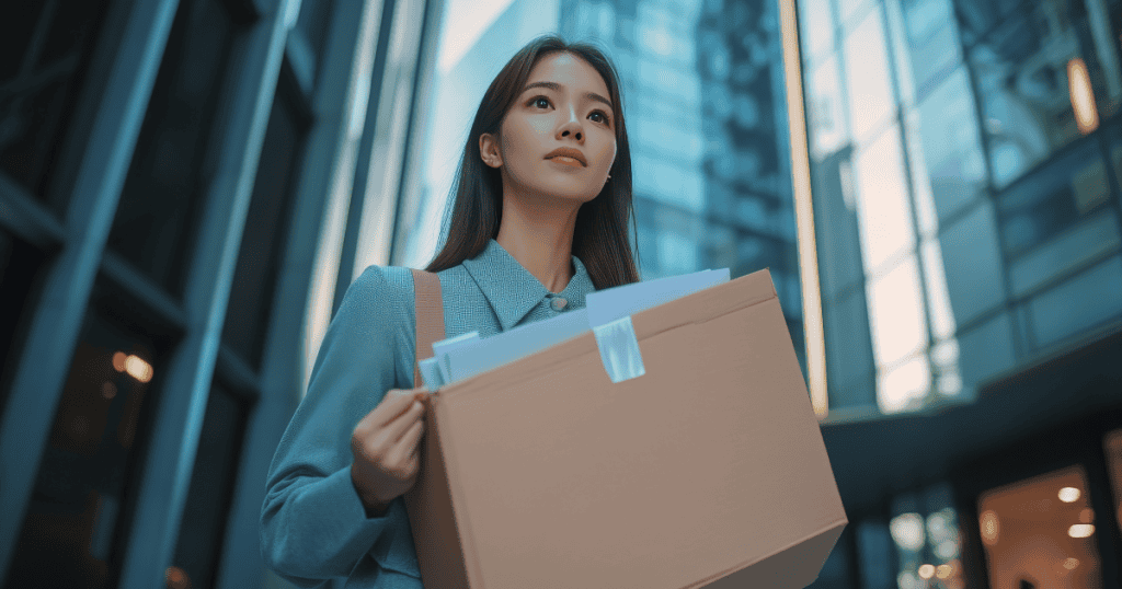 A woman walks purposefully through a modern city while clutching a cardboard box, her upward gaze signaling a transition into an unknown but necessary future.