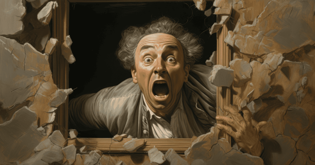 A man with a panicked expression bursts through a crumbling wall, capturing the shock of realizing a long-held expectation has collapsed.