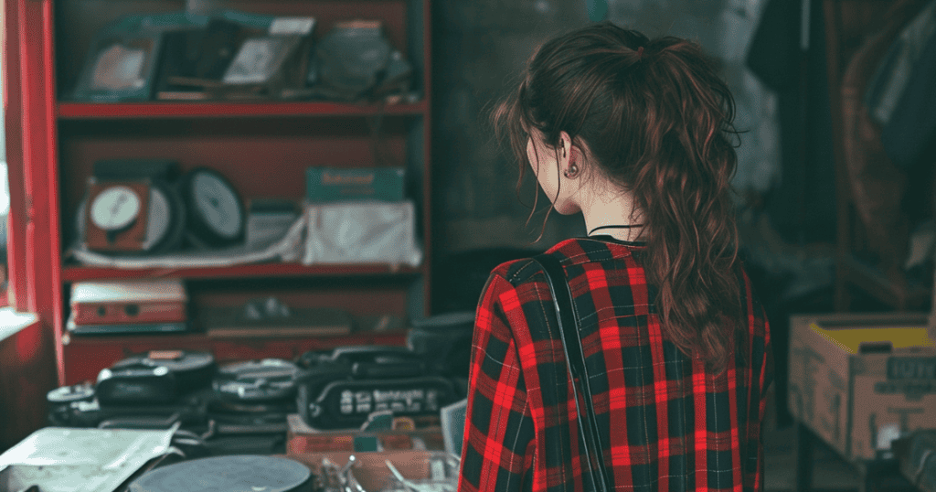 A woman in a red flannel shirt stands with her back to the camera in a cluttered room, looking toward a vibrant past that now feels just out of reach.