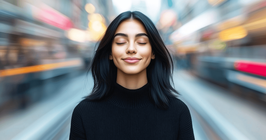 A woman maintains a serene, centered smile while the world blurs into a chaotic rush around her, illustrating the mental focus required to remain grounded in a crisis.