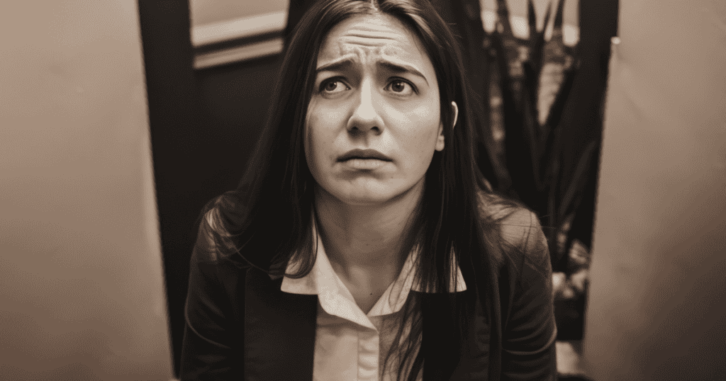 A woman looks upward with an expression of anxious uncertainty, mirroring the internal tension that arises when a long-standing expectation is no longer met.