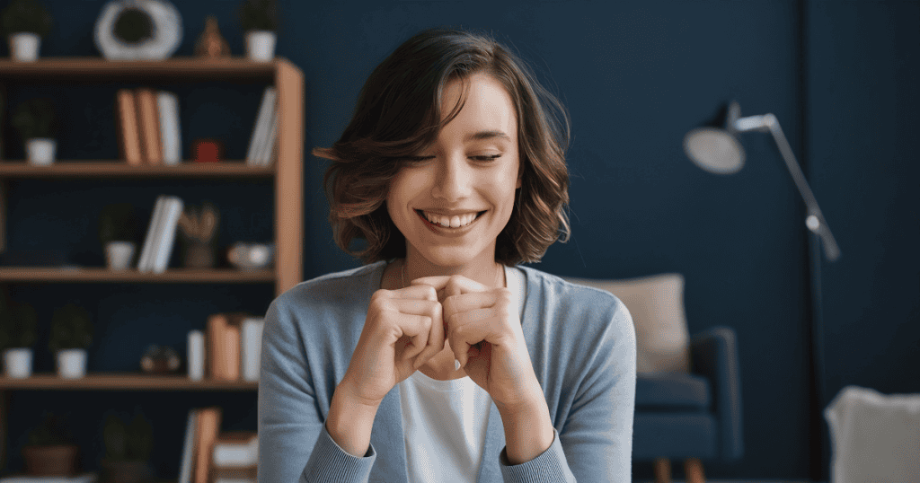 A woman looks down with a peaceful, clasped-hand smile, reflecting the quiet comfort found in a new understanding.