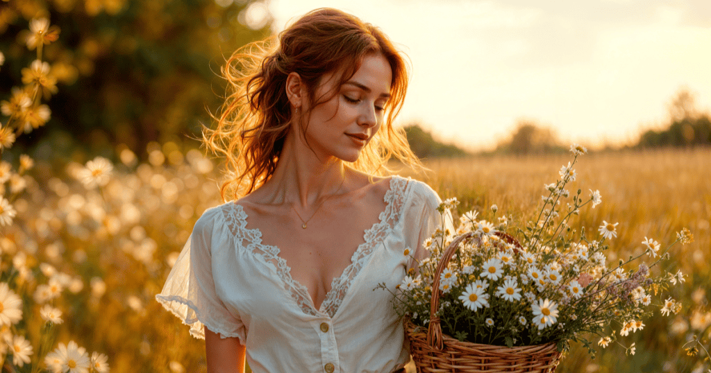A woman peacefully gathers white daisies in a sun-drenched field, suggesting that the essence of one’s spirit remains waiting to be reclaimed.