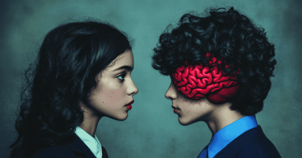 Two figures stare intensely at one another while one possesses a vivid red brain, signaling an internal shift into a high-alert state of hostility when confronted.