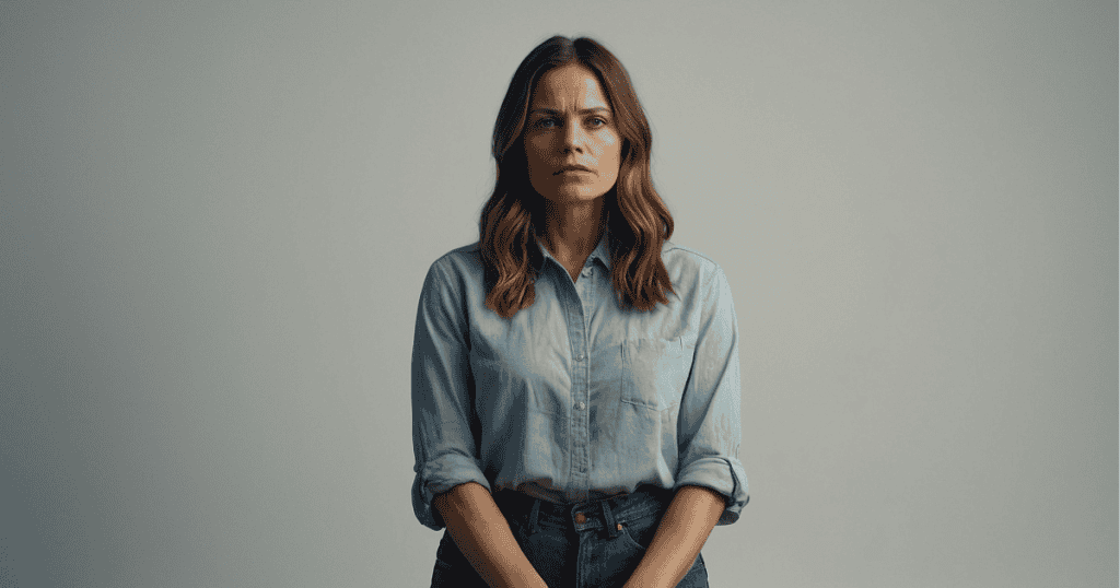 A woman stares directly into the camera with a somber and rigid expression, her stillness personifying the protective instinct to remain motionless under pressure.