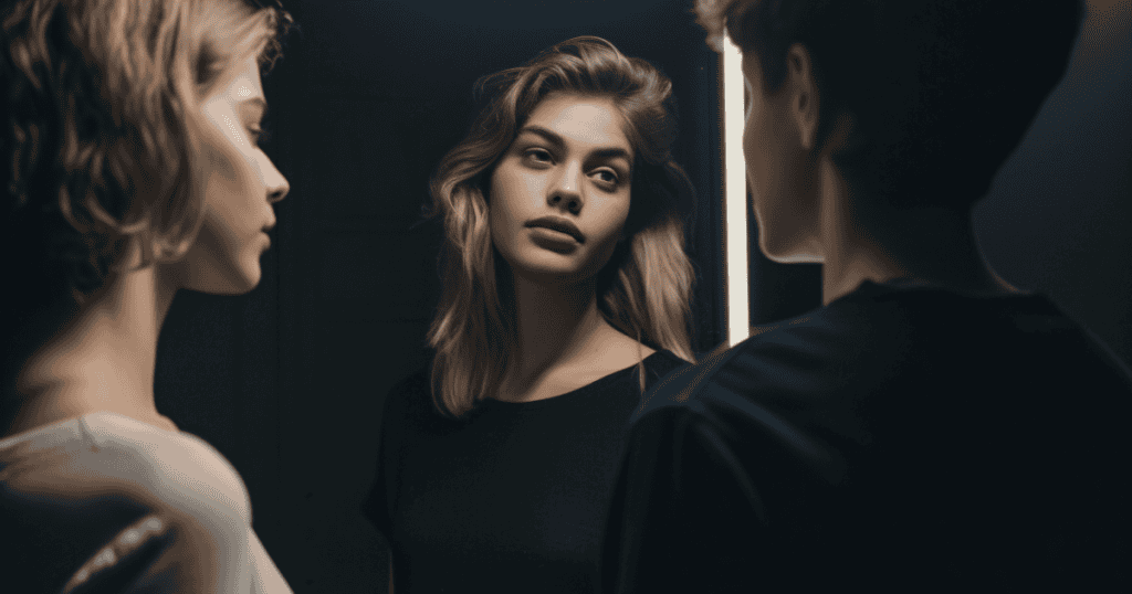 A woman stares blankly into a mirror while others look on, reflecting the initial difficulty in distinguishing between different types of artificial charm.