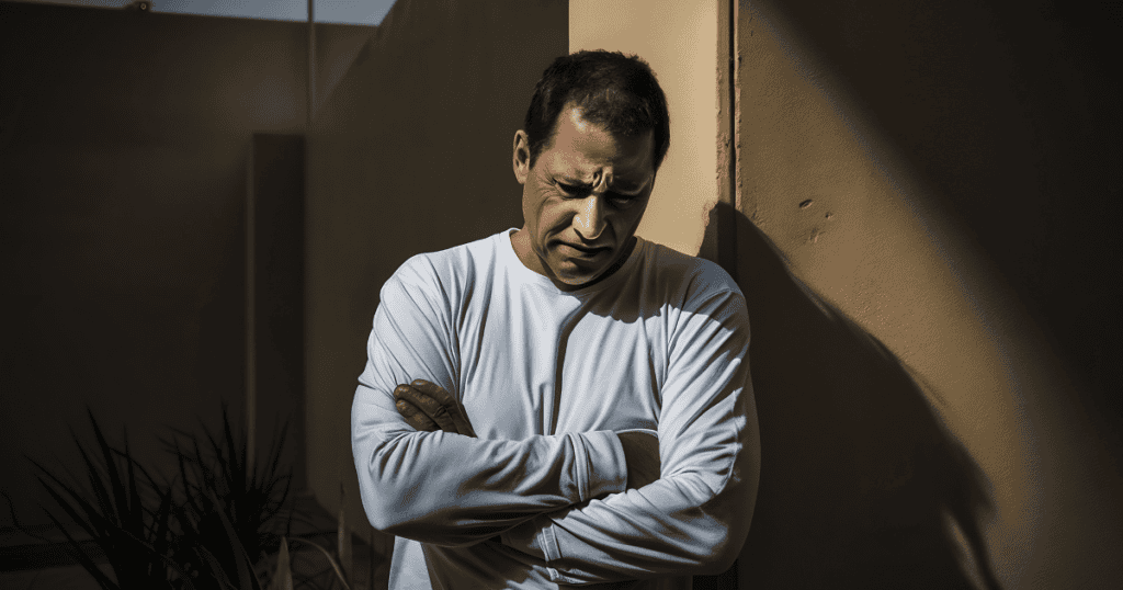 A man leans against a sunlit wall with his arms crossed and a deep scowl, his inward-facing frustration proving much more difficult to decipher than an outward outburst.