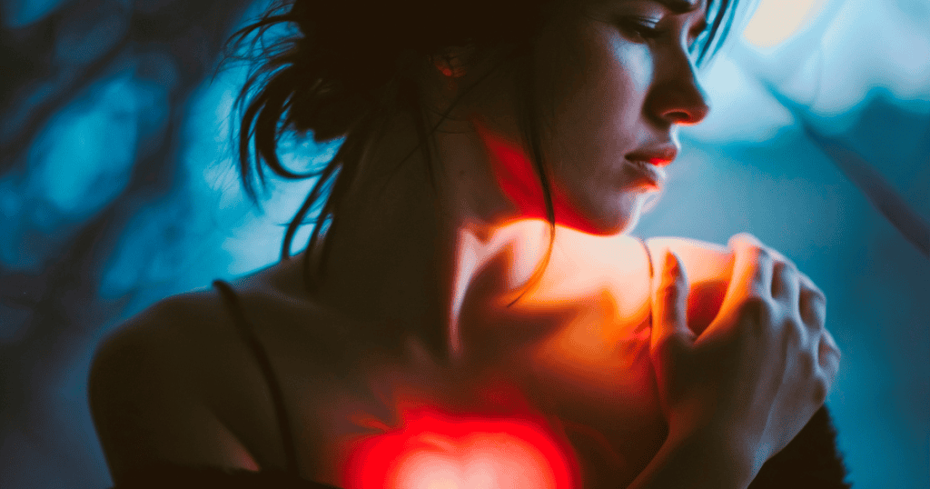 A woman winces in pain while clutching a glowing red light emanating from her chest, visualizing the internal damage that occurs when a strategic move results in personal harm.