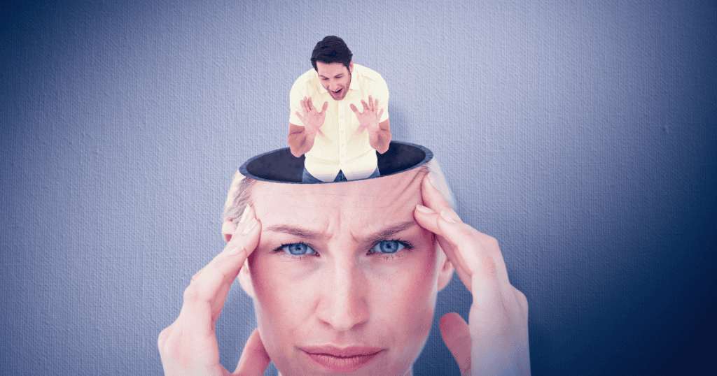 A woman holds her temples in distress while a miniature man emerges from the top of her head, depicting the mental weight of managing another person's volatile emotional outbursts.