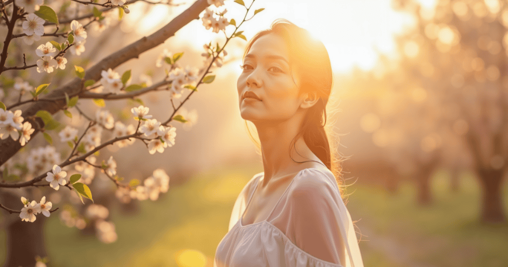 A woman stands peacefully among blossoming spring trees, embodying a state of calm presence that prioritizes clarity over perfection.