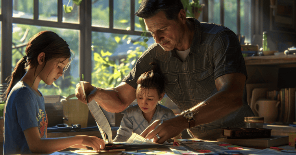 A father and his two daughters lean over a table to examine a large document together, illustrating the specific positions each family member is conditioned to occupy within the group.